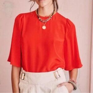 Sezane Red Silk Gaby Short Sleeve Keyhole Blouse